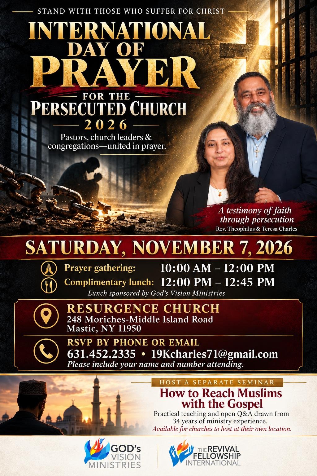International Day of Prayer for the Persecuted Church 2026 event poster with date, schedule and venue